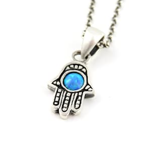 Sterling Hamsa Opal Necklace | Silver Hamsa Eye Pendant | Rustic Small Hand Necklace | Opal Silver Hamsa Pendant | Silver Evil Eye Necklace