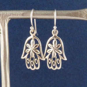 Hamsa Earrings, Silver Hamsa Earrings, Hand Earrings, Spiritual Earrings, Floral Hamsa Earrings, Silver Hand Earrings, Hamsa Flower Earrings