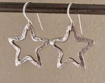 Silver Star Earrings | Outline Star Earrings | Artisan Star Earrings | Hammered Star Earrings | Brushed Matte Silver Star Earrings