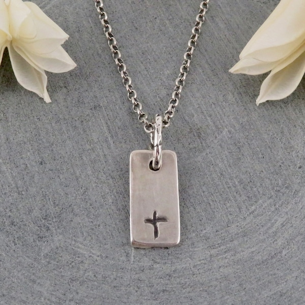 Sterling Cross Necklace | Silver Cross Pendant | Silver Rustic Cross Necklace | Sterling Stamped Cross Necklace | Cross Tag Pendant