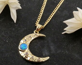 Opaal maanketting | Gouden opaal maanhanger | Goudblauwe opaal maan | Opaal CZ maan bedelketting | Blauwe opaal maanketting | Gouden opaalmaan