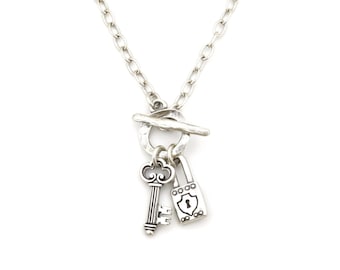 Lock and Key Charm Necklace | Silver Key and Lock Necklace | Silver Front Toggle  Charm Necklace | Security Necklace | Silver Safety Pendant