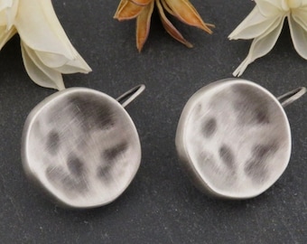 Hammered Silver Plated Disc Earrings | Matte Finish, 1" Drop