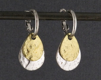 Two Tone Teardrop Earrings | Hammered Drop Earrings | Mixed Metal Hoops | Silver Gold Drop Earrings | Two Tone Hoops | Hammered Rustic Hoops