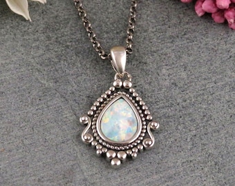 Sterling Opal Necklace | Silver Opal Teardrop Pendant | Detailed Silver Opal | Sterling Fancy Charm Necklace