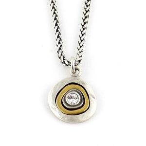 Two Tone Crystal Pendant | Gold Silver Necklace | Mixed Metal CZ Necklace | Two Toned Medallion Pendant | Mixed Metal Crystal Necklace