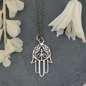 Sterling Hamsa Eye Necklace | Silver Hamsa Pendant | Sterling Hand Necklace | Cutout Silver Hamsa Pendant | Fancy Sterling Hamsa Hand