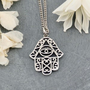 Sterling Silver Hamsa Eye Necklace | Silver Hamsa Pendant | Sterling Hand Necklace | Cutout Silver Hamsa Pendant | Fancy Sterling Hamsa Hand