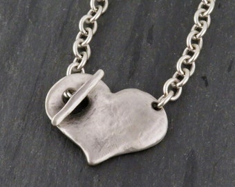 Hammered Silver Heart Necklace | Chunky Heart Necklace | Unique Heart Necklace | Front Toggle Heart Necklace | Matte Silver Heart Necklace