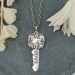 Silver Key Necklace | Sterling Key Pendant | Key Love Necklace | Sterling Key To Heart Necklace | Romantic Silver Key Pendant | Love Key