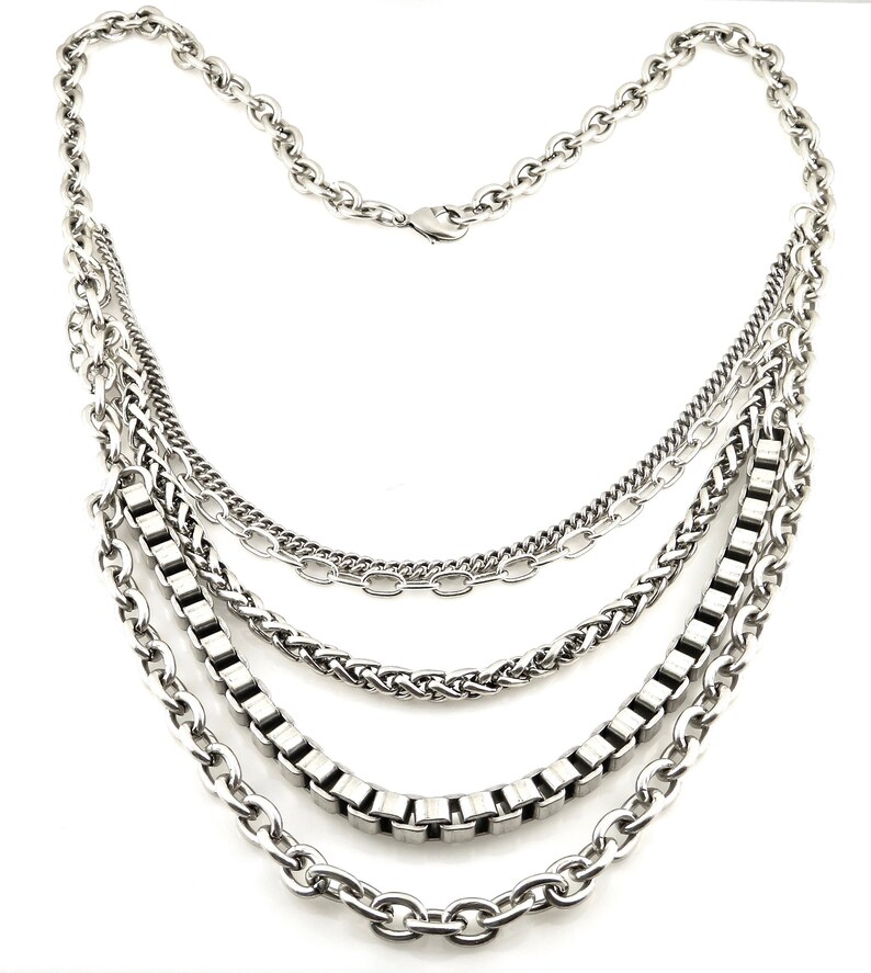 Silver Multi Strand Necklace Chunky Silver Chains Necklace Etsy