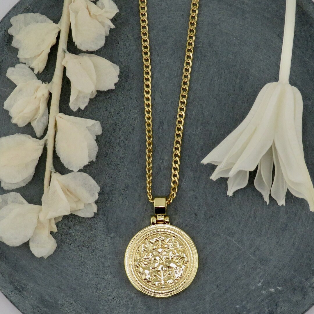 Gold Medallion Necklace Gold Filled Medallion Pendant Geometric Gold ...