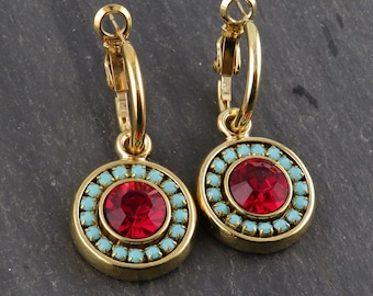 Colorful Sparkly Earrings | Turquoise Red Earring | Gold Crystal Earrings | Statement Earrings | Turquoise Gold Hoop | Pave Crystal Earrings