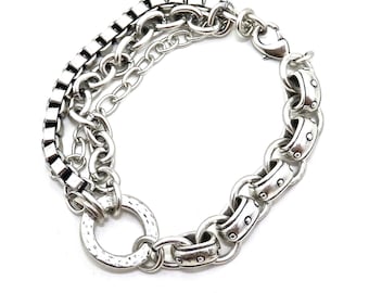 Gehämmertes klobiges Silber Armband | Silber Multi Chain Armband | Chunky Silber Glieder Armband | Chunky Silberarmband