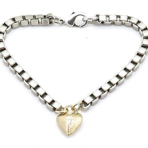 Chunky Heart Bracelet, Gold Silver Heart Bracelet, Gold Heart bracelet, Box Chain Bracelet, Two Tone Heart Bracelet, Simple Heart Bracelet