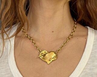 Collana Con Ciondolo A Cuore Martellato In Lega Placcata Oro - Gioiello Vintage Donna Con Catena Grossa, 43,5 Cm