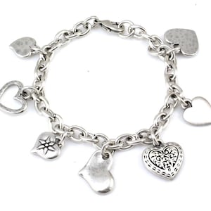 Silver Heart Charm Bracelet | Multi Heart Bracelet | Chunky Silver Hearts Bracelet | Antiqued Silver Hearts Bracelet