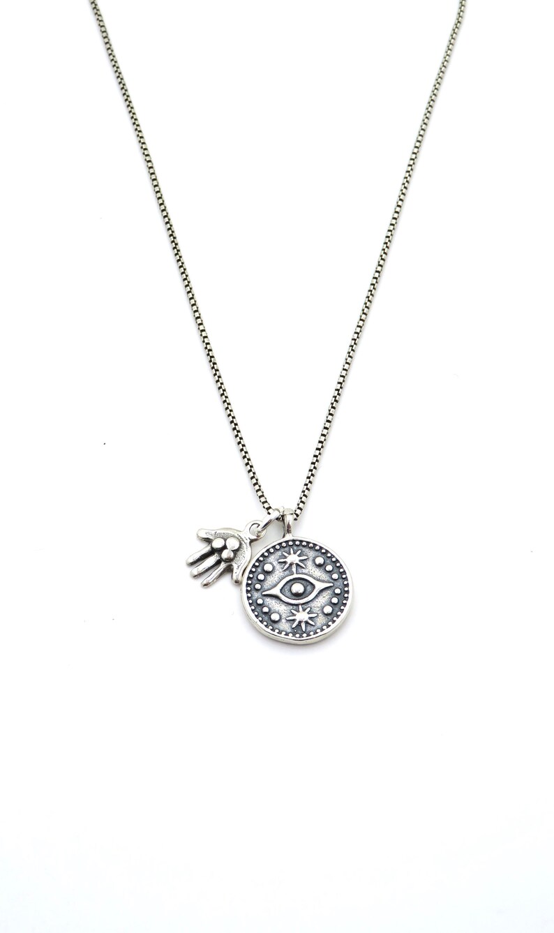 Silver Hamsa Necklace Spiritual Necklace Silver Hand Necklace Bat Mitzvah Gift Hamsa Eye Necklace