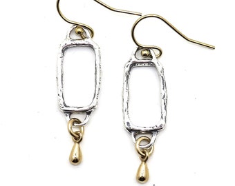 Silver Gold Earrings | Hammered Two Tone Earring | Mixed Metal Earrings | Rectangle Drop Earrings | Open Geometric Earrings | Unique Earring