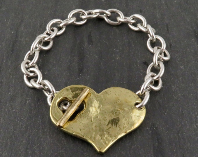 Two Tone Heart Bracelet | Hammered Heart Bracelet | Chunky Mixed Metal Heart Bracelet | Toggle Clasp Heart Bracelet | Unique Heart Bracelet