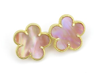 Gold Pink Abalone Clips | Mother of Pearl Flower Earrings | Abalone Gold Clip Earrings | Clip-on Gold Vermeil Flower Earrings