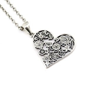 Sterling Heart Necklace | Silver Floral Heart Necklace | Sterling Love Necklace | Silver Flowers Heart Pendant | Unique Silver Heart Charm
