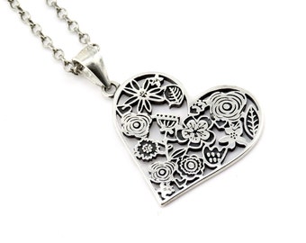 Sterling Silver Hjärthalsband | Silver Blommigt Hjärthalsband | Sterling Silver Kärlekshalsband | Silver Blommigt Hjärthänge | Unik Silver Hjärtberlock