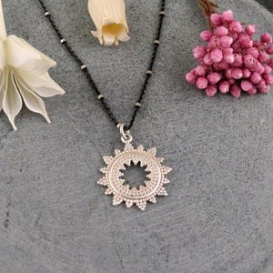 Silver Starburst Pendant | Sterling Sunburst Medallion | Contrast Geometric Necklace | Textures Open Star Pendant
