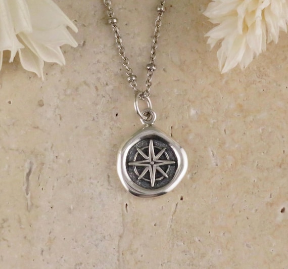Sterling Small Compass Necklace | Silver Compass Pendant | Guidance Medallion | Imprint Compass Pendant | Wax Seal Compass Pendant | Compass