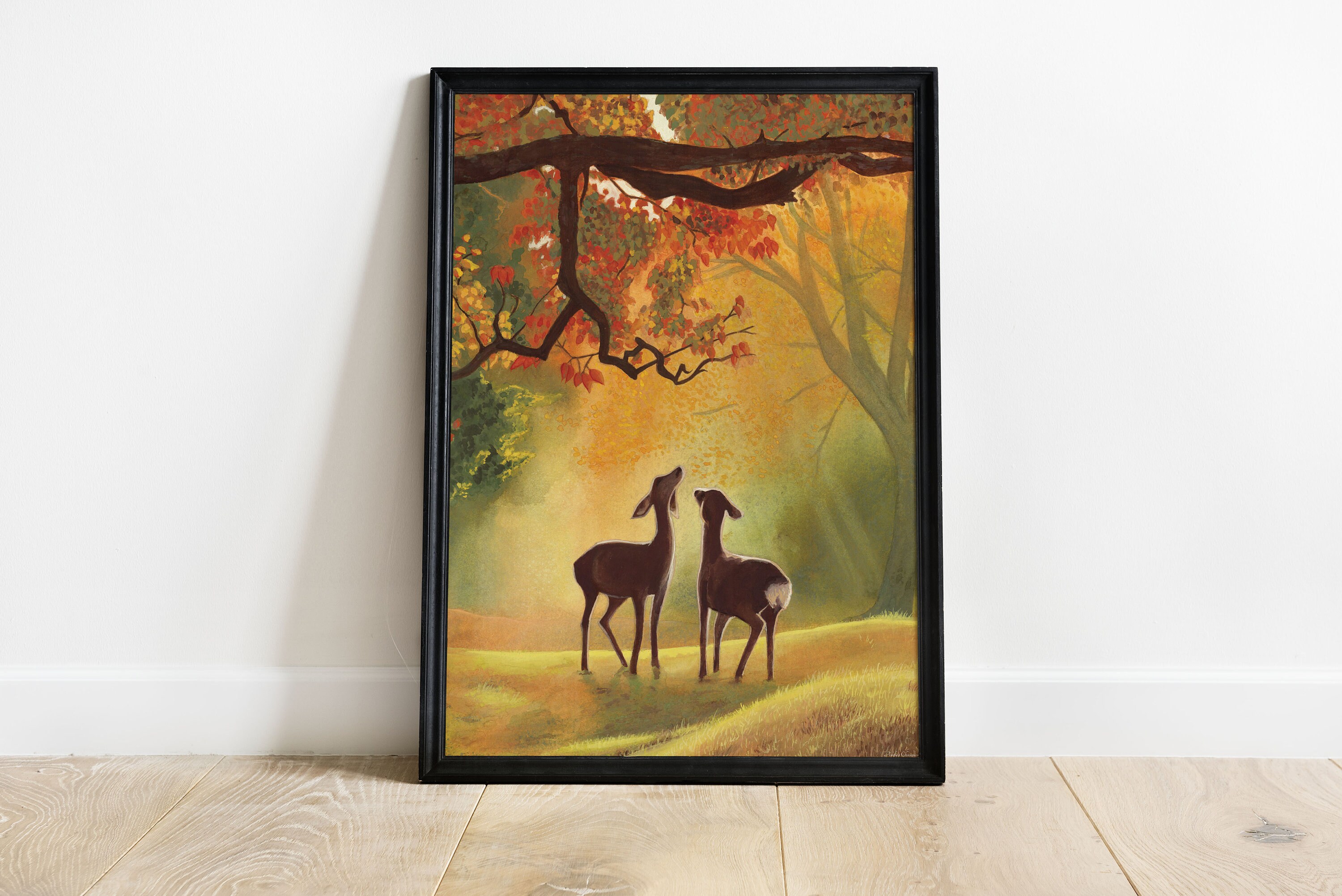 Peinture Illustration Chevreuils en Automne