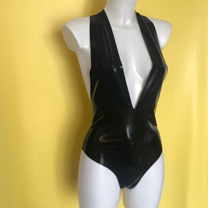 Latex halter plunge body suit - available in orange/black/white