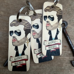 George Michael Character Wooden Keyring