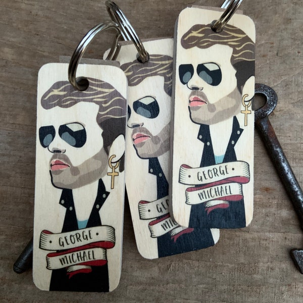 George Michael Character Wooden Keyring