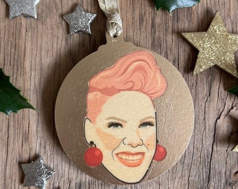 Pink Character Wooden Bauble Hand Painted with Gold Leaf Paint