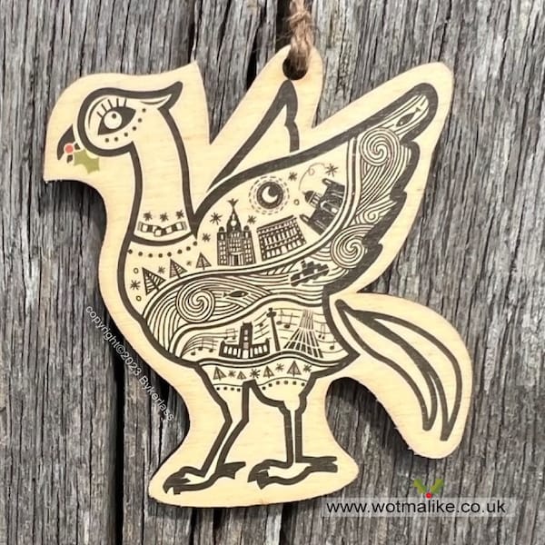 Liver Bird - Line Illustration Wooden Hanging Ornament (Christmas Bauble)