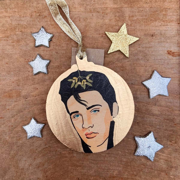 Elvis Character Wooden Bauble Hand Painted with Gold Leaf Paint
