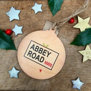 Abbey Road Street Sign Wooden Christmas Bauble - THE BEATLES