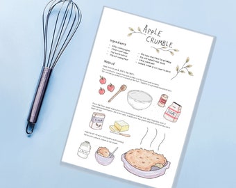 Cute Illustrated, A5, A4, Apple Crumble Recipe, Cottagecore, Baking, Print