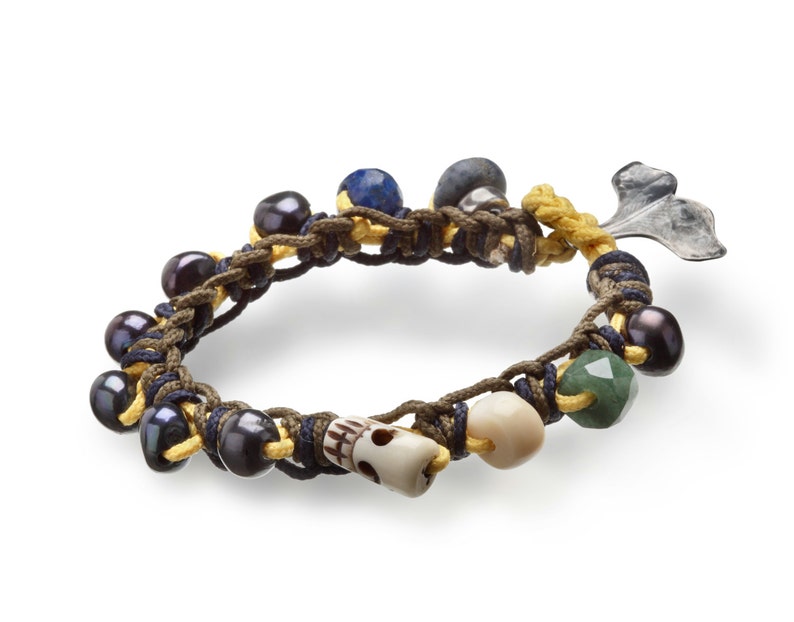 Hemp bracelet mens Mens black pearl bracelet Skull Bracelet Tribal jewelry mens Nautical bracelet Whale Tail Bracelet