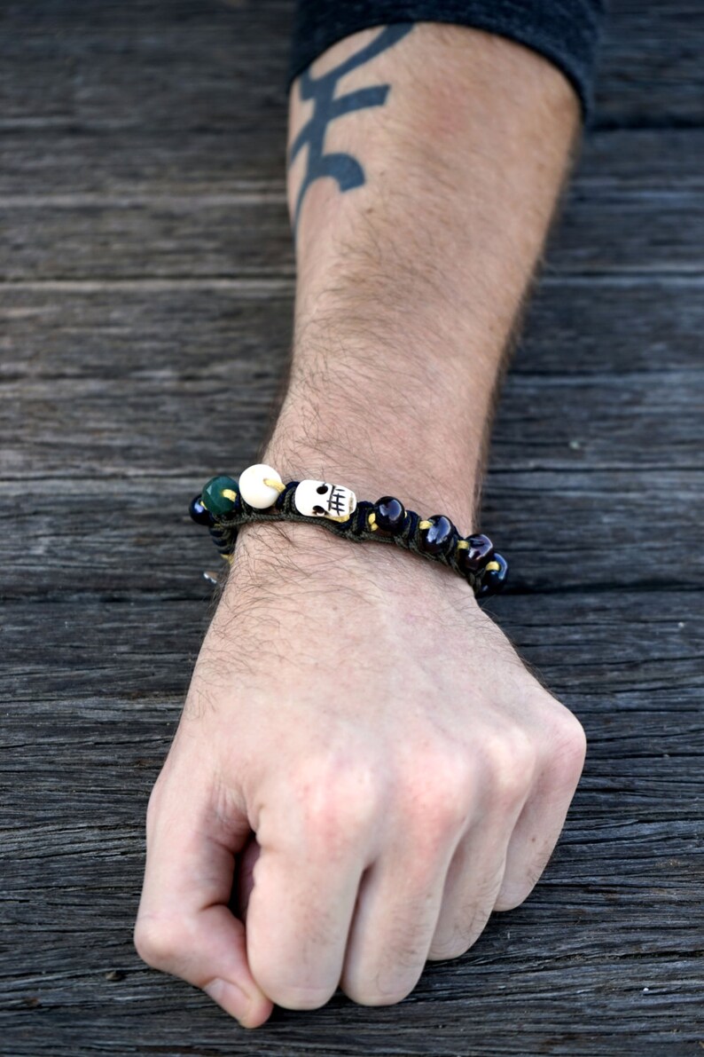 Hemp bracelet mens Mens black pearl bracelet Skull Bracelet Tribal jewelry mens Nautical bracelet Whale Tail Bracelet