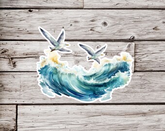 Ocean Waves Sticker, Ocean Sticker, Waves Sticker, Seagull Sticker, Waterproof Sticker, Beach Sticker