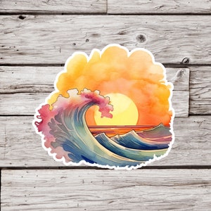 May include: Watercolor painting of a large wave crashing in the ocean with a sunset in the background. The wave is blue, green, and purple, and the sunset is orange and yellow.