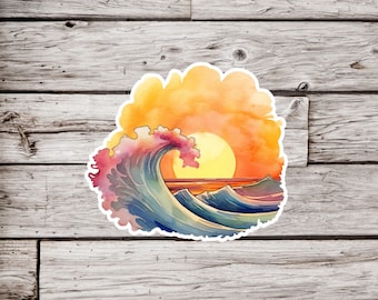 Sunset Wave Sticker, Ocean Wave Sticker, Swell Sticker, Surf Sticker, Waterproof Sticker, Beach Sticker, Tropical Sticker