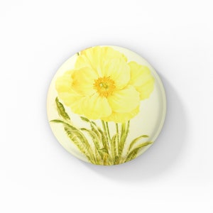Welsh Poppy Flower Yellow Pin, Poppy Pin Back Button, Floral Pin, Vintage Botanical Print Pin, Wildflower Pin, Poppy Magnet, Poppy Keychain