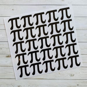 May include: Sheet of black glitter Pi symbol stickers. The stickers are arranged in rows and columns on a white background. The Pi symbol is a mathematical constant, and the stickers are likely used for crafting or educational purposes.