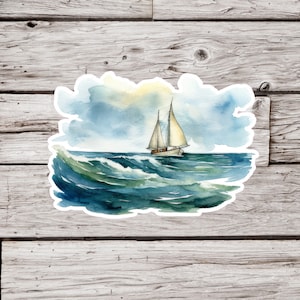 May include: A watercolor painting of a sailboat with white sails on a blue ocean with white-capped waves. The sky is blue with white clouds.