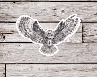 May include: A black and white watercolor illustration of an owl with its wings spread out in flight. The owl is depicted against a woodgrain background.
