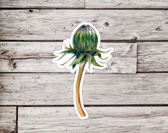 May include: A watercolor painting of a green dandelion bud with a long, thin stem. The bud is closed and has a purple hue at the top. The stem is a light brown color.
