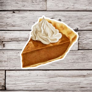May include: A slice of pumpkin pie with a dollop of whipped cream on top. The pie is brown and the whipped cream is white. The pie is on a wooden background.