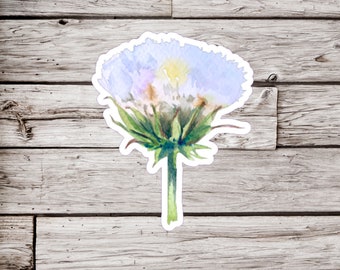 May include: A watercolor painting of a blue flower with a green stem. The flower is in bloom and has a light yellow center. The painting is on a white background.